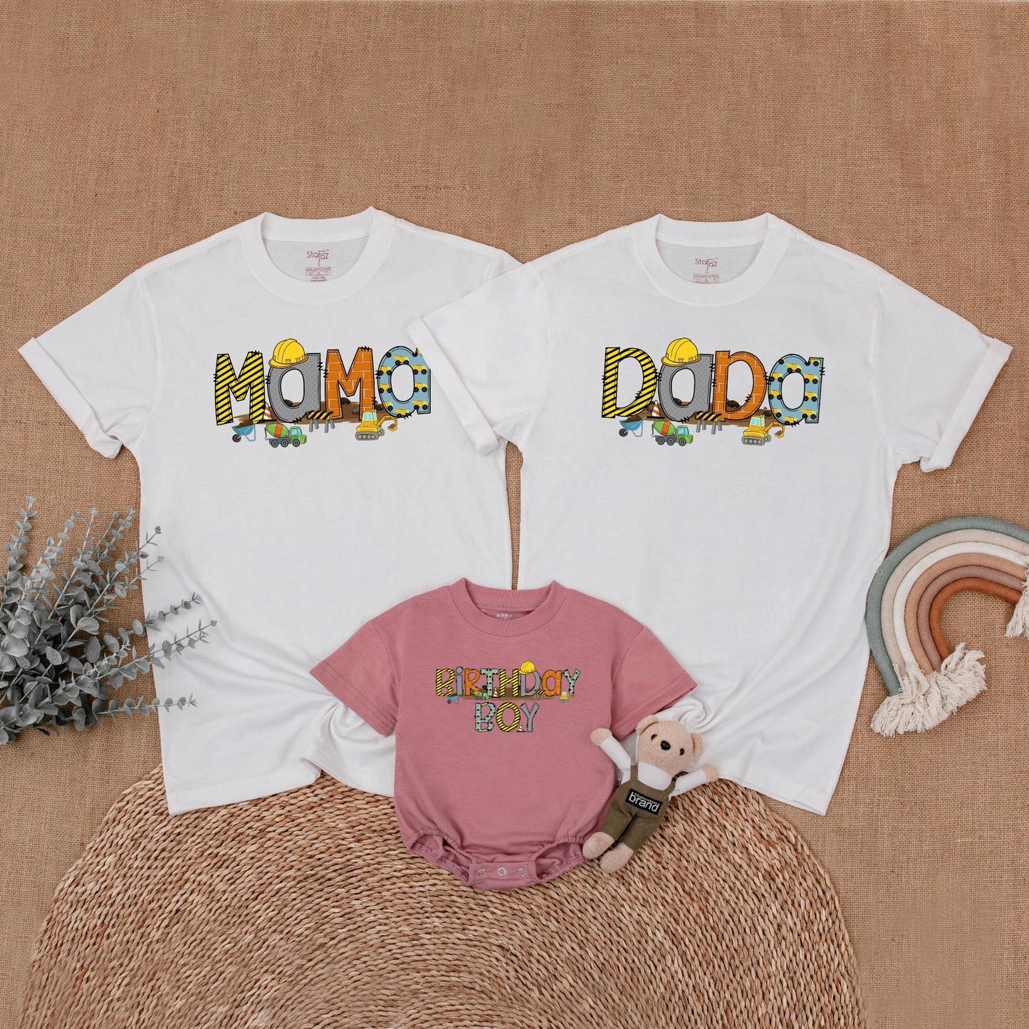 Custom Construction Birthday Family Shirts, Mommy and Me Outfit for First Birthday Boy Party Celebration with Truck Design, Soft Cotton Apparel