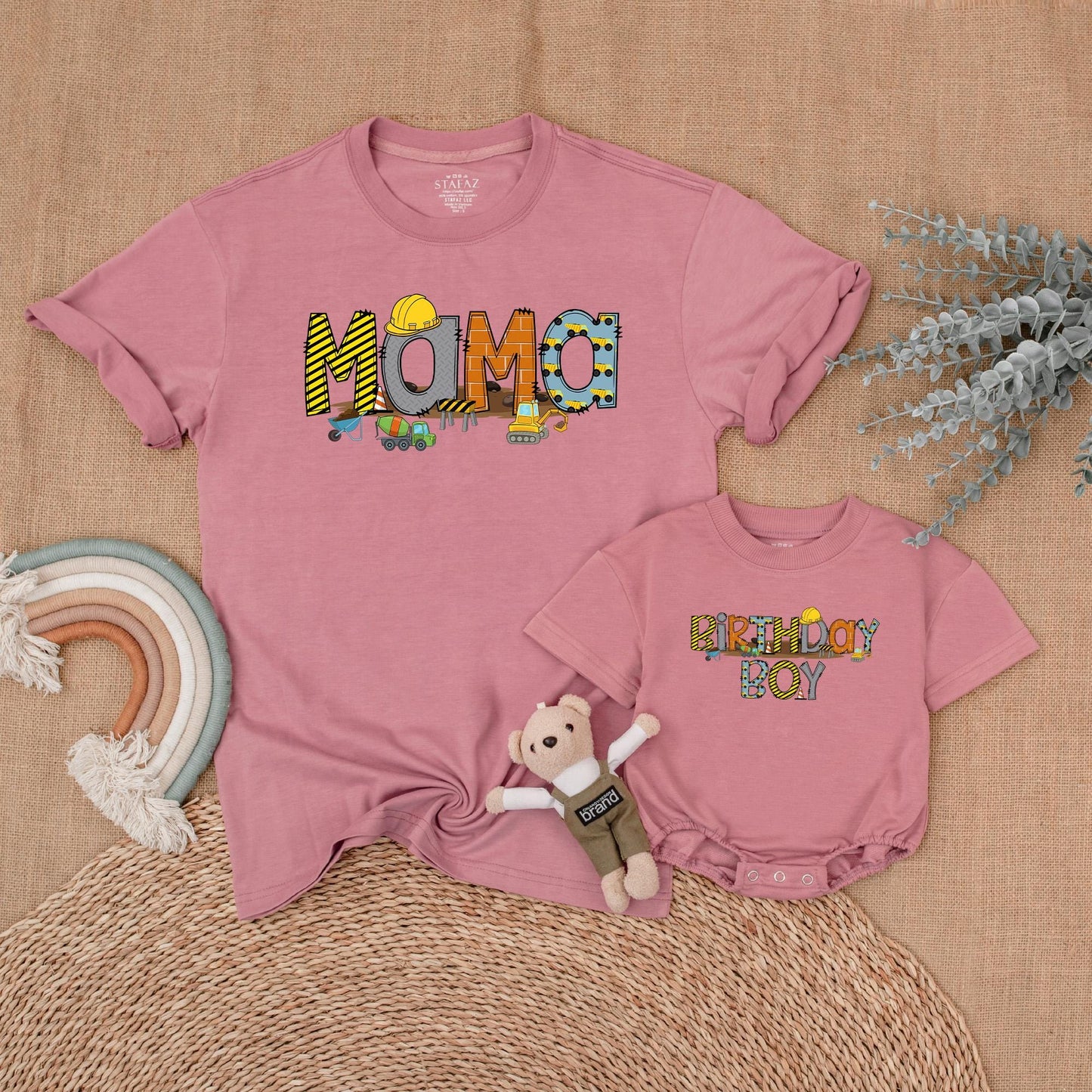 Custom Construction Birthday Family Shirts, Mommy and Me Outfit for First Birthday Boy Party Celebration with Truck Design, Soft Cotton Apparel