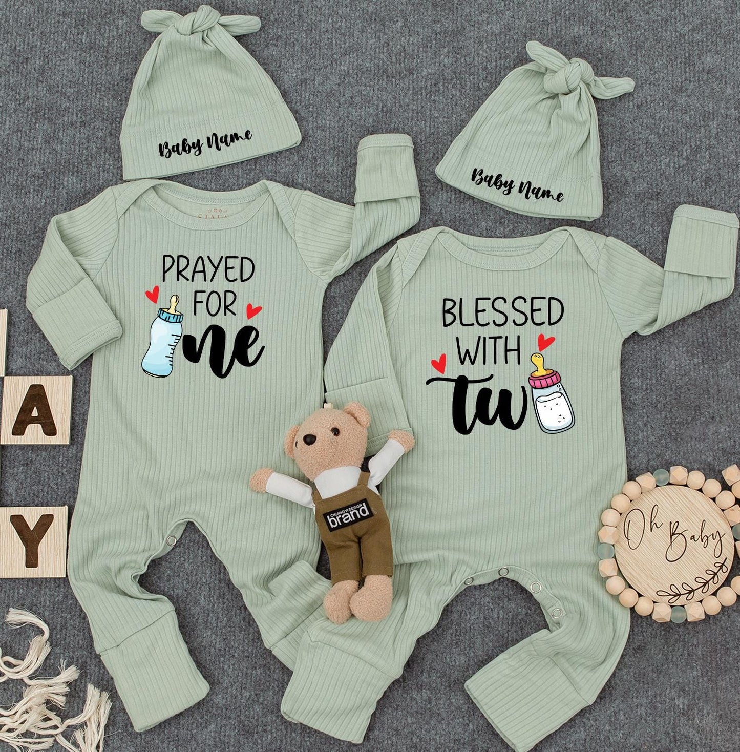 Prayed For One Blessed With Two Twin Baby Bodysuit Custom Name Romper Gender Neutral Newborn Gift Cute Cuties Jumpsuit