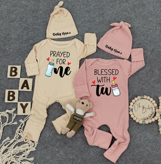 Prayed For One Blessed With Two Twin Baby Bodysuit Custom Name Romper Gender Neutral Newborn Gift Cute Cuties Jumpsuit