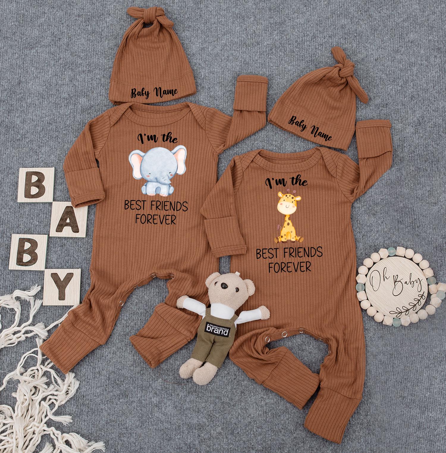 Elephant & Giraffe Twin Bodysuit Set - Cute Newborn Baby Matching Outfits, Twin Baby Shower Gift, Best Friend Theme, Gender Neutral