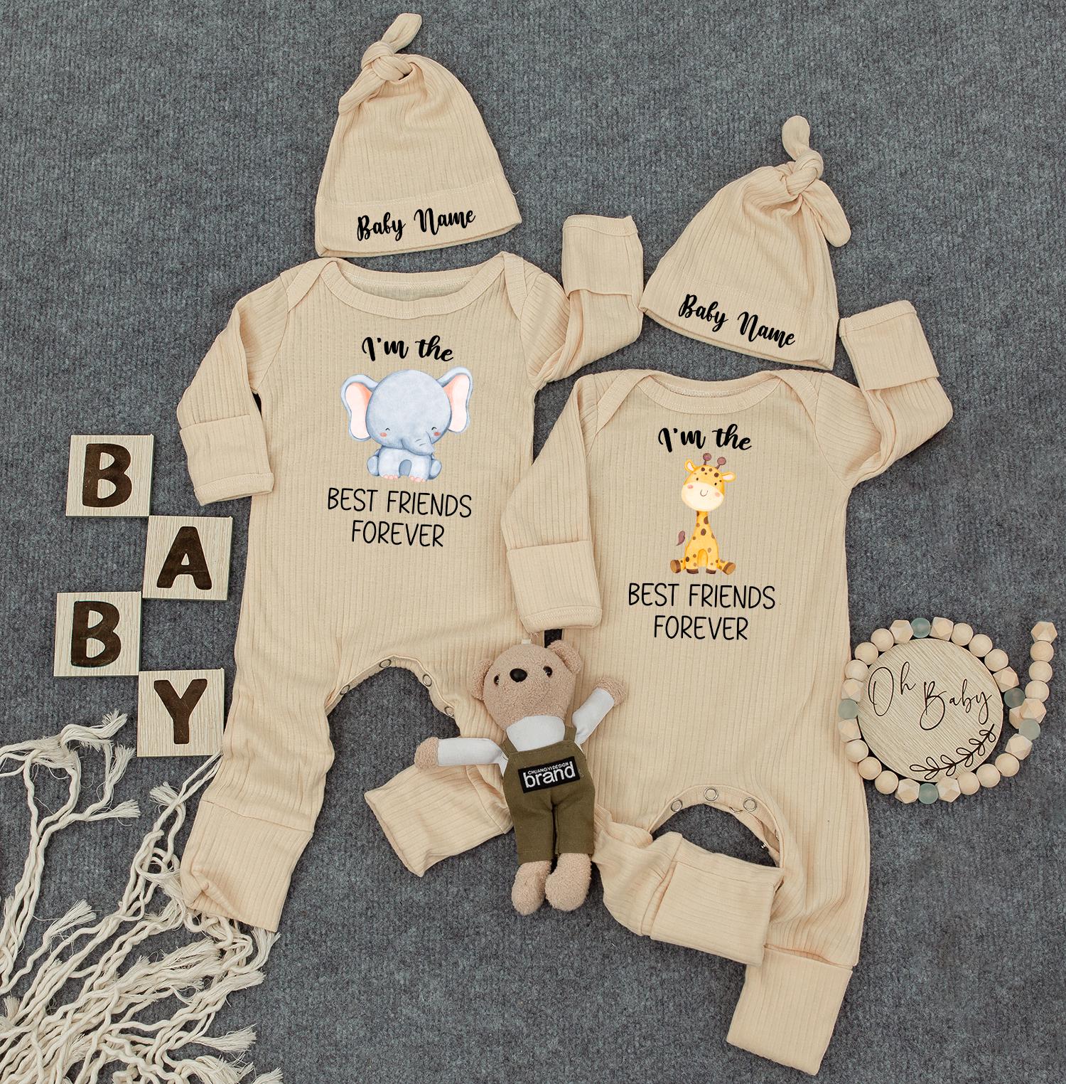 Elephant & Giraffe Twin Bodysuit Set - Cute Newborn Baby Matching Outfits, Twin Baby Shower Gift, Best Friend Theme, Gender Neutral