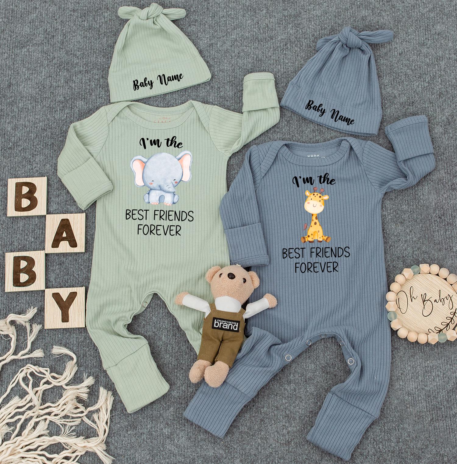 Elephant & Giraffe Twin Bodysuit Set - Cute Newborn Baby Matching Outfits, Twin Baby Shower Gift, Best Friend Theme, Gender Neutral