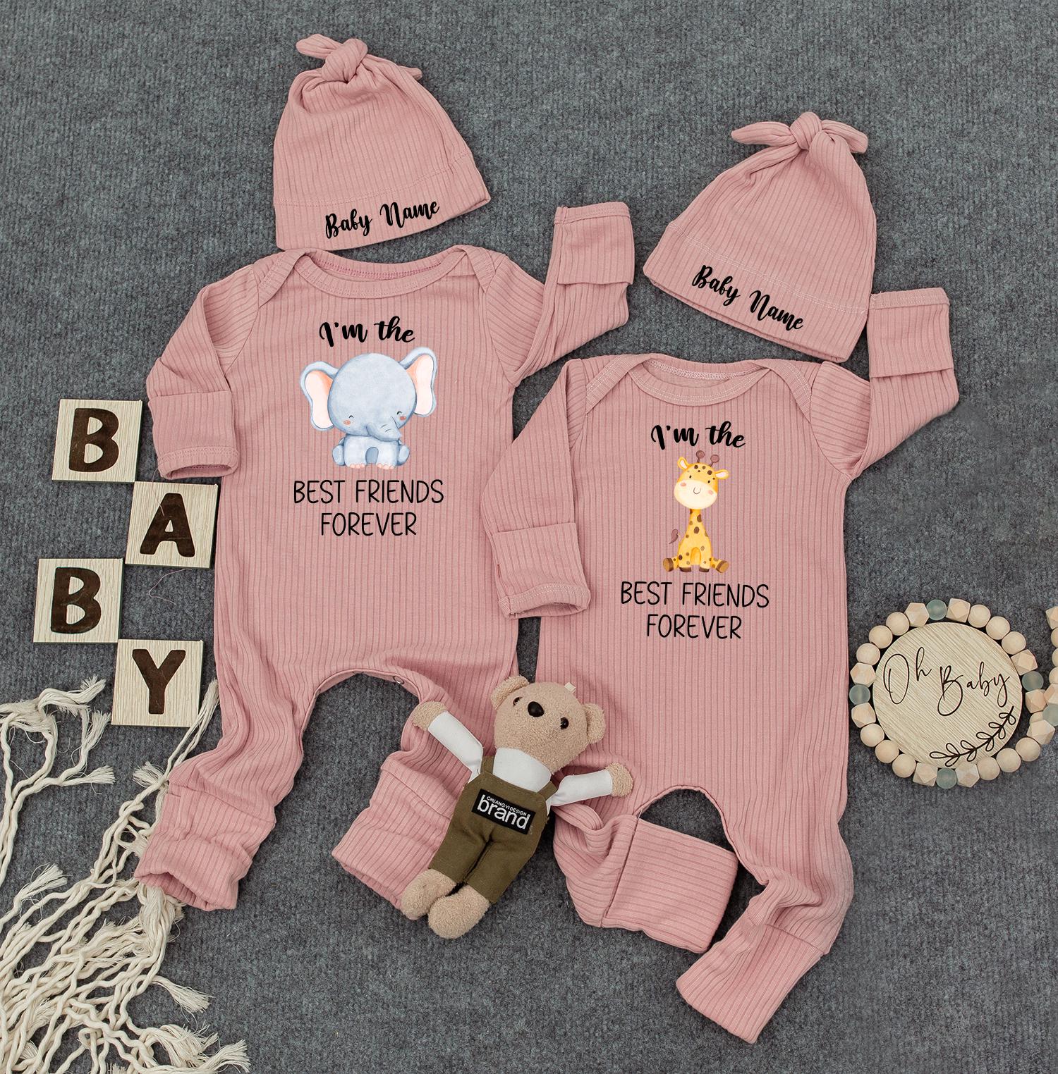 Elephant & Giraffe Twin Bodysuit Set - Cute Newborn Baby Matching Outfits, Twin Baby Shower Gift, Best Friend Theme, Gender Neutral