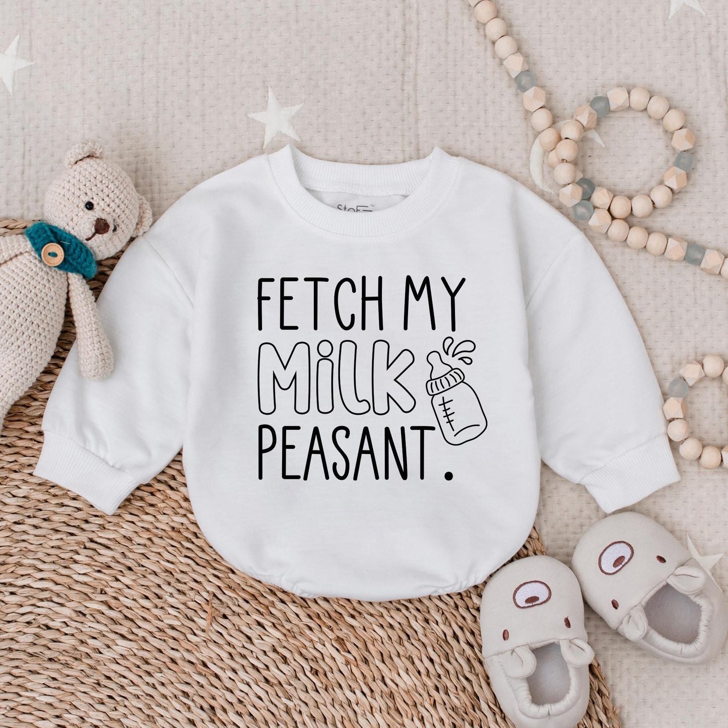 Hilarious 'Fetch My Milk Peasant' Baby Bubble Romper Bodysuit, Funny Newborn Infant Outfit, Cute Baby Shower Gift Idea for Boys and Girls