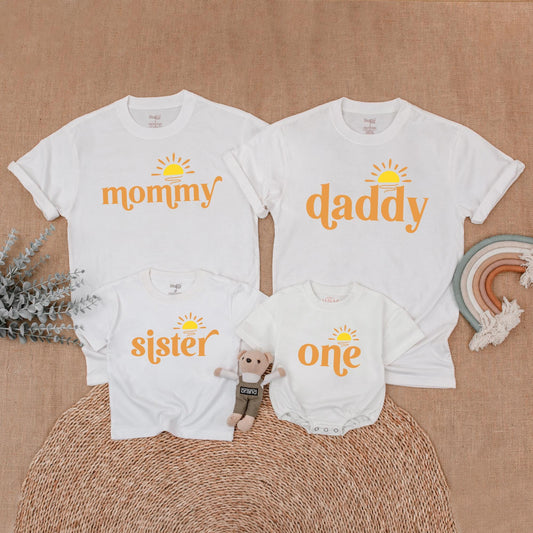 Sunshine First Birthday Family Matching Shirt Baby Girl Outfit Boho Sun Theme Birthday Girl Daughter Mom Dad Clothes