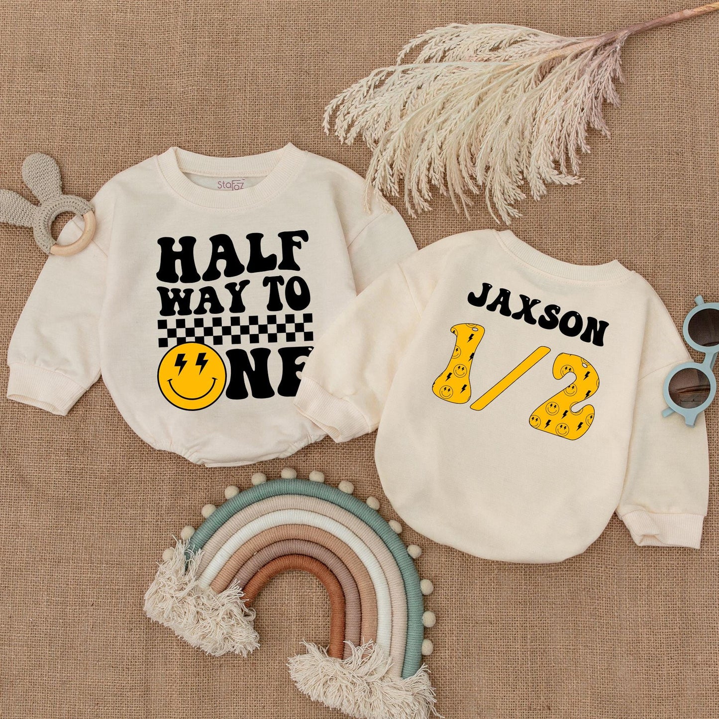 Halfway to One Smiley Baby Romper Boy 1/2 Birthday Outfit, Baby Shower Gift, 1st Birthday, Happy Dude, Summer Infant Clothes