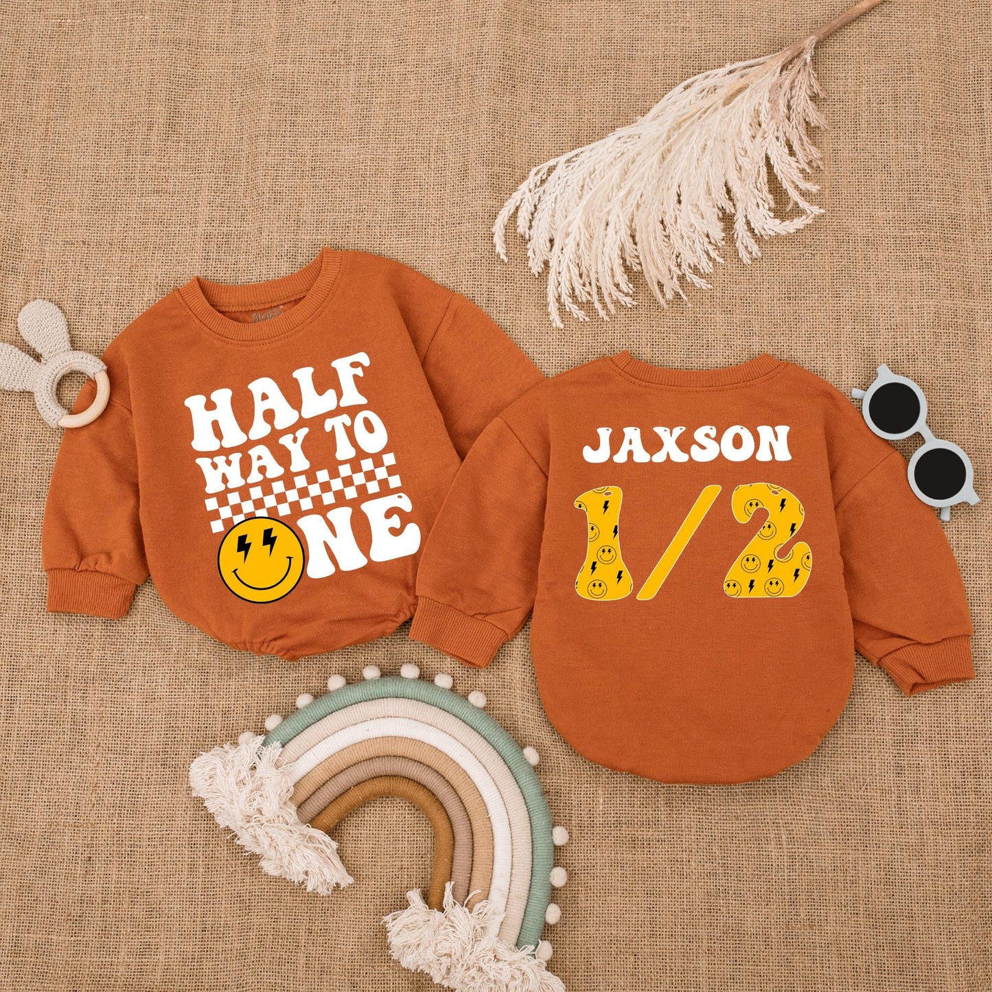 Halfway to One Smiley Baby Romper Boy 1/2 Birthday Outfit, Baby Shower Gift, 1st Birthday, Happy Dude, Summer Infant Clothes