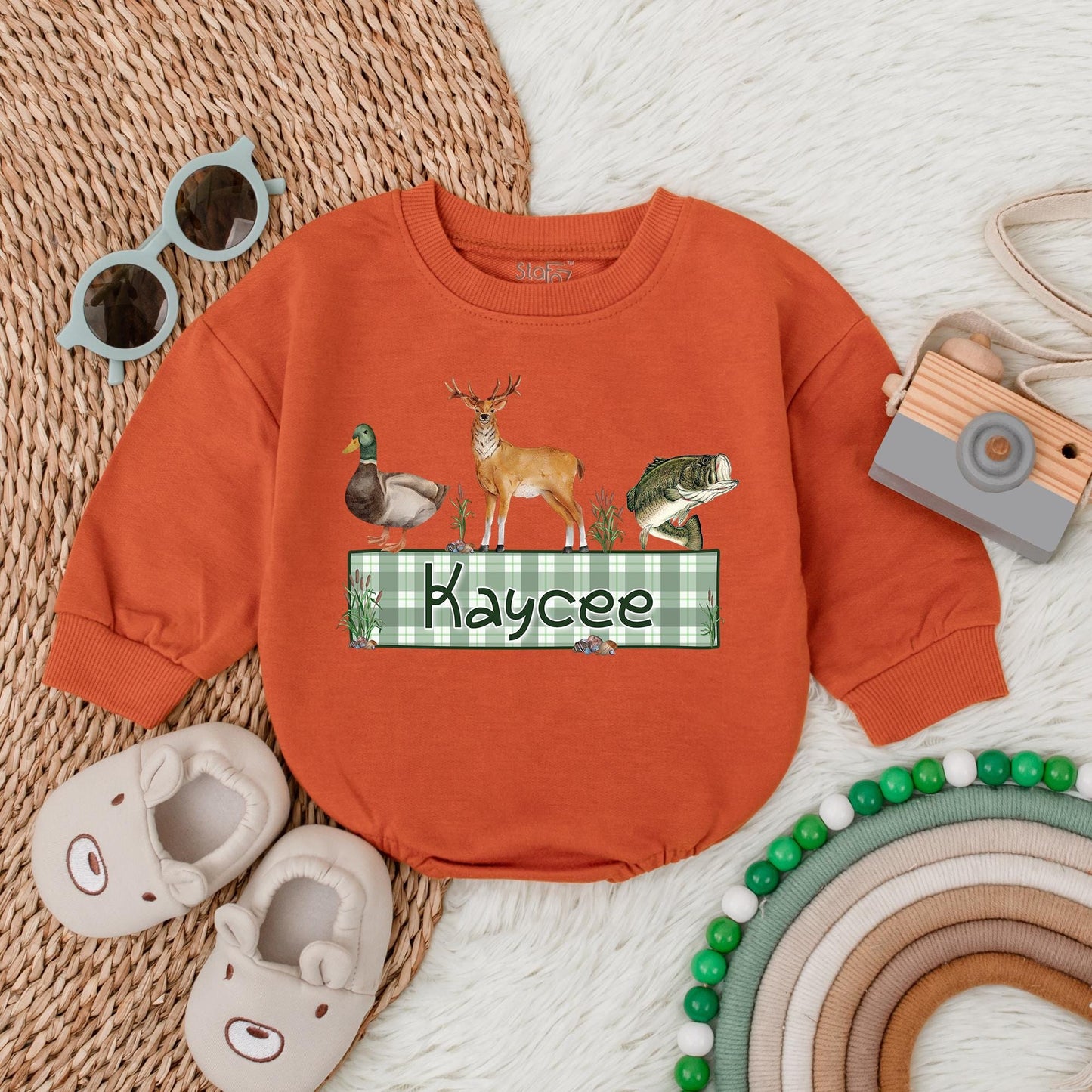 Personalized Name Mallard Duck Hunting Romper Sweater, Boy Ducking Hunter Baby Romper, Ducks Deer Fishing, hunting buddy, Newborn Bodysuit
