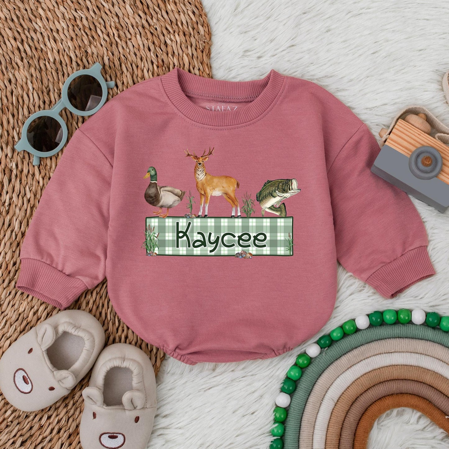 Personalized Name Mallard Duck Hunting Romper Sweater, Boy Ducking Hunter Baby Romper, Ducks Deer Fishing, hunting buddy, Newborn Bodysuit
