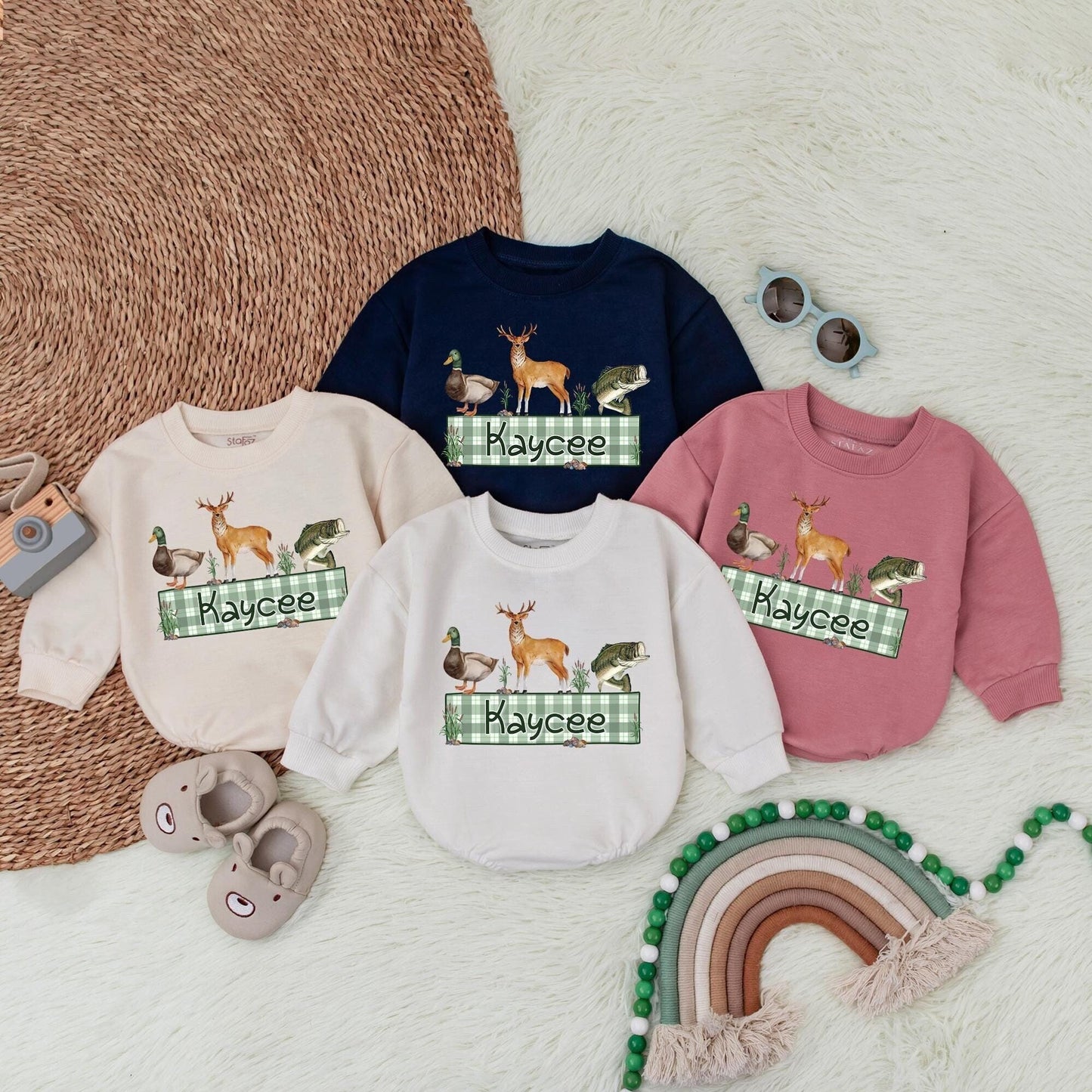 Personalized Name Mallard Duck Hunting Romper Sweater, Boy Ducking Hunter Baby Romper, Ducks Deer Fishing, hunting buddy, Newborn Bodysuit