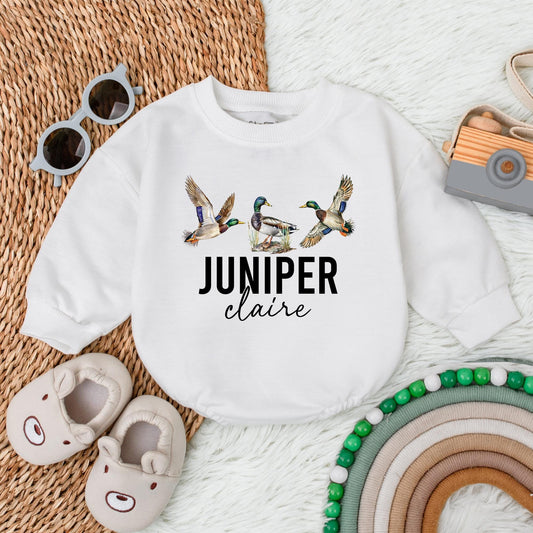Personalized Mallard Duck Hunting Bubble Romper for Baby Boy | Cute Newborn Hunter Outfit with Deer & Fishing Theme | Perfect First Birthday Gift