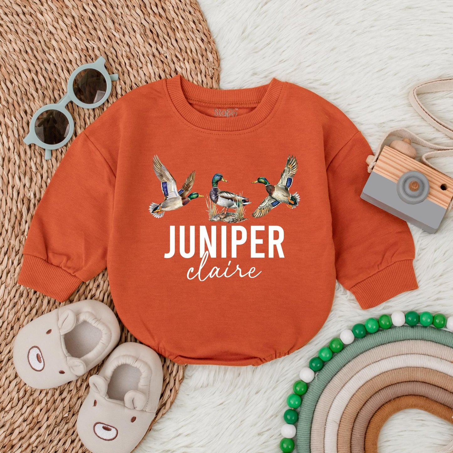 Personalized Mallard Duck Hunting Bubble Romper for Baby Boy | Cute Newborn Hunter Outfit with Deer & Fishing Theme | Perfect First Birthday Gift