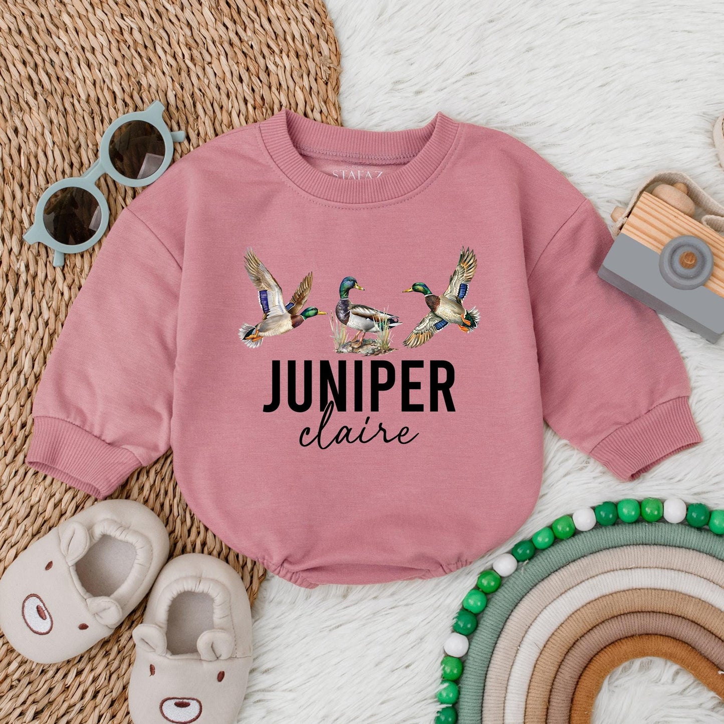 Personalized Mallard Duck Hunting Bubble Romper for Baby Boy | Cute Newborn Hunter Outfit with Deer & Fishing Theme | Perfect First Birthday Gift