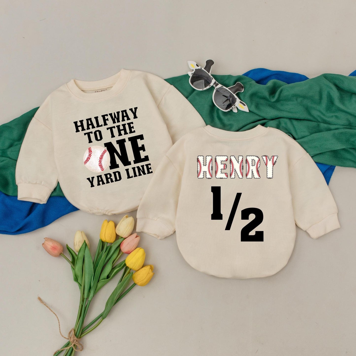 Custom Half Way To One Baseball Romper Retro Game Day Outfit for Boys 6 Months Birthday Gift Newborn