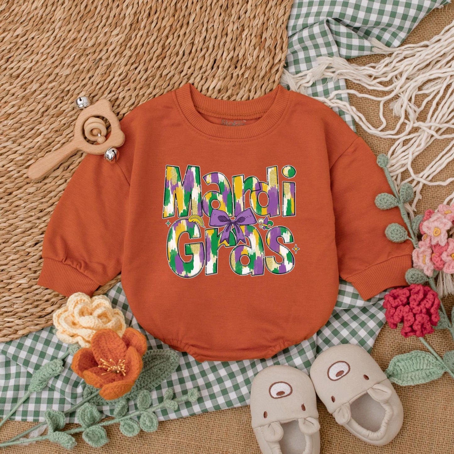 Mardi Gras Baby Girl Romper | Festive Bodysuit with Purple, Green & Gold Design | Cute Baby Outfit for Mardi Gras Party