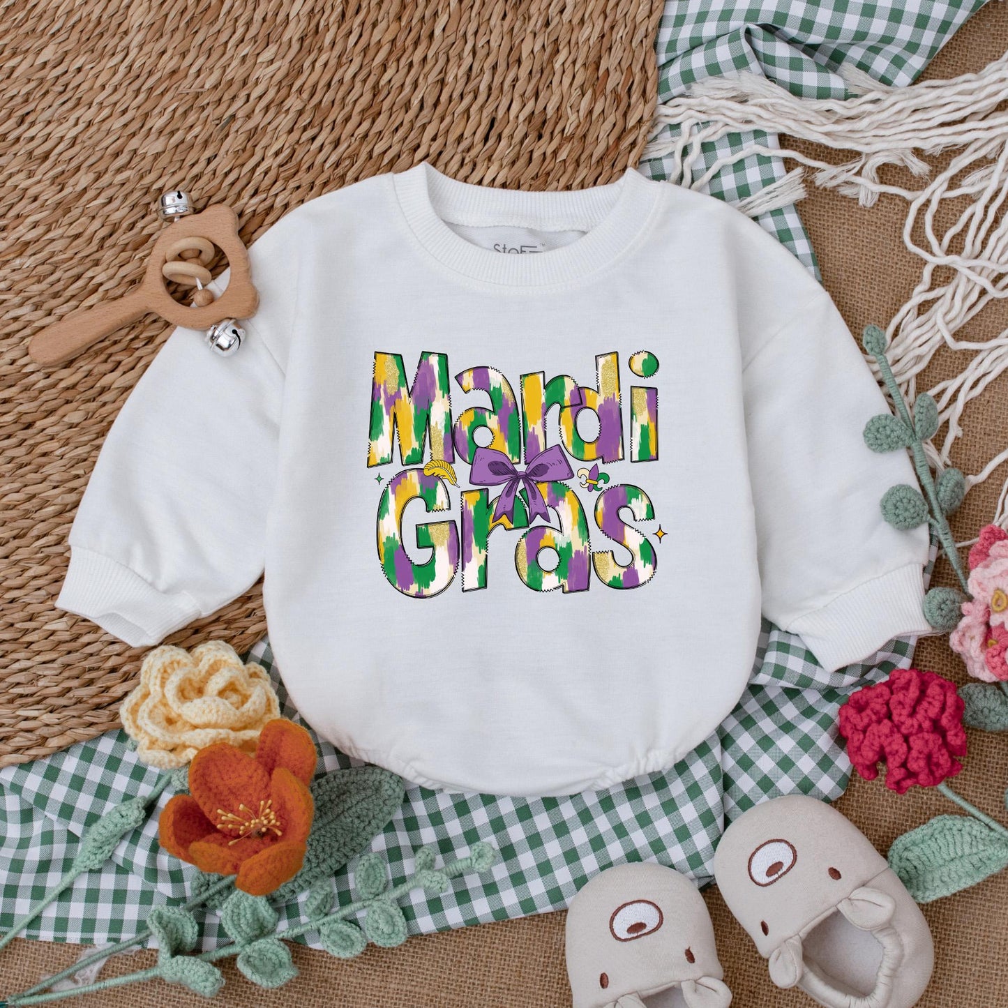 Mardi Gras Baby Girl Romper | Festive Bodysuit with Purple, Green & Gold Design | Cute Baby Outfit for Mardi Gras Party