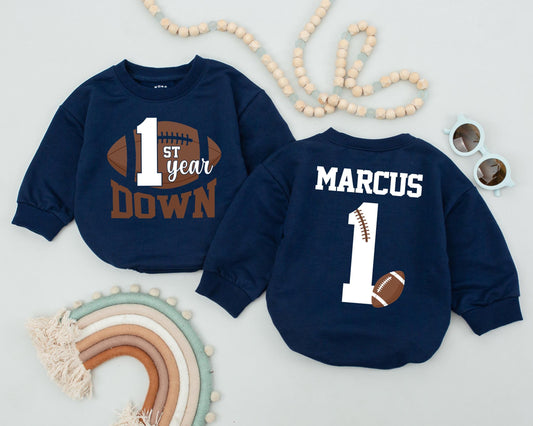 Personalized First Year Down Football Birthday Romper for Baby Boy, Soft Game Day Newborn Bodysuit Outfit Celebration Gift
