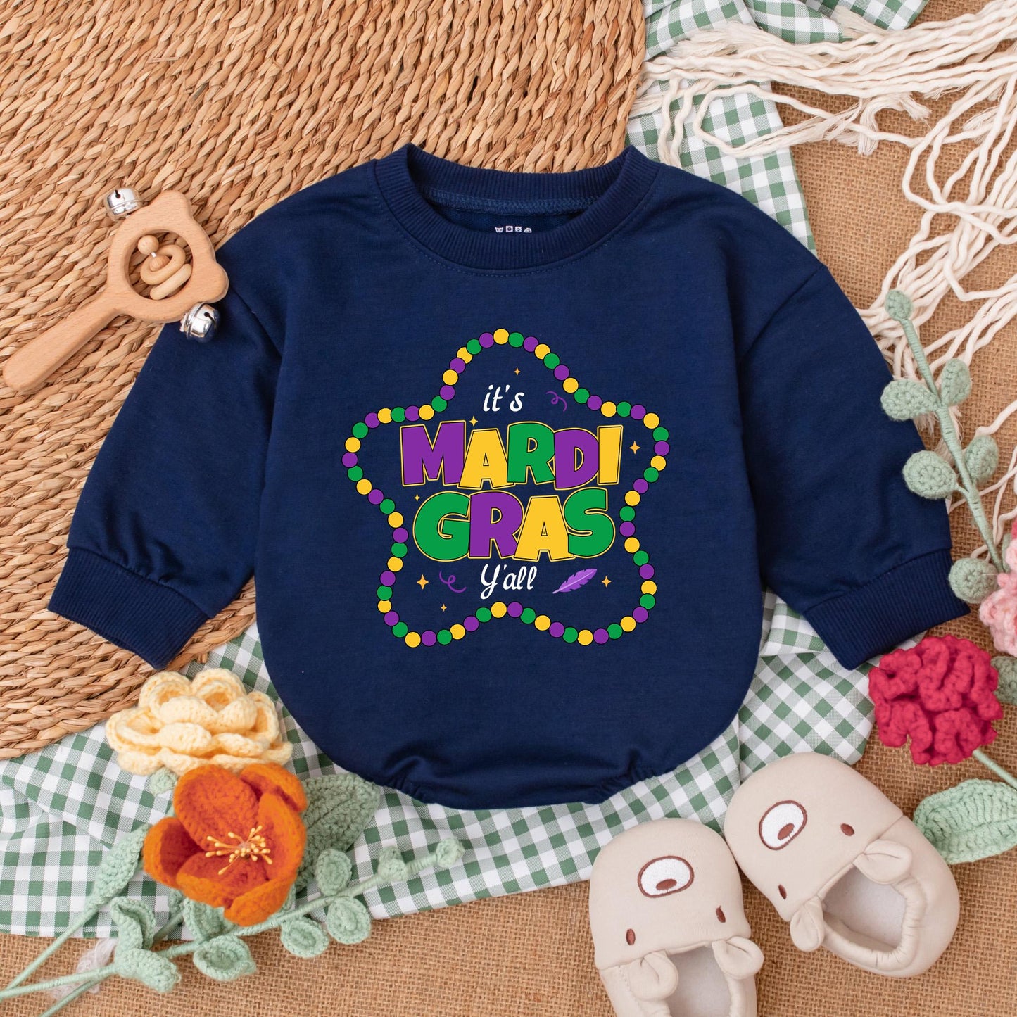 It's Mardi Gras Y'all Baby Romper - Purple & Gold Star Bead Design, Cute Mardi Gras Baby Outfit Gift