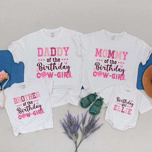 Pink Cowgirl Birthday Shirt for Family Matching Rodeo Western Country Party with Stars Hat Hearts Mom Daddy Brother Farm Celebration