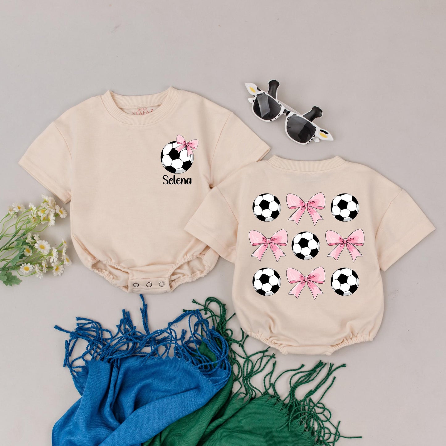 Personalized Soccer Bow Romper for Baby Girl Selena, Retro Game Day Outfit, Black White Pink, Sweet & Playful Design, First Birthday Gift
