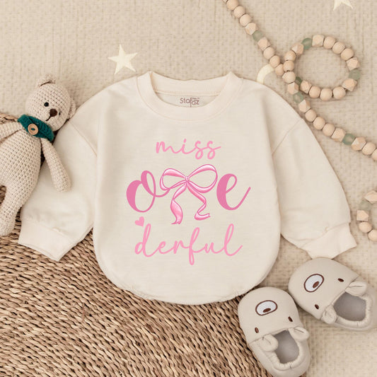 Miss One-derful Pink Bubble Romper First Birthday Girl Outfit with Bow Adorable Infant Cake Smash Celebration Baby Shower Gift