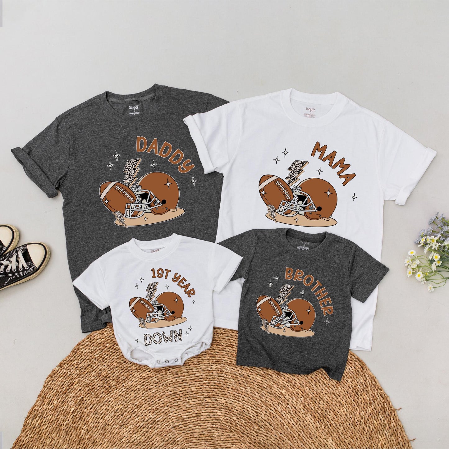 Personalized Football 1st Birthday Family Matching Shirts Romper Set One Year Down Sports Party Outfits for Baby Boy with Custom Name
