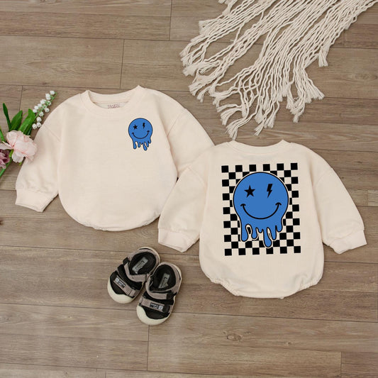 Baby Boy Smiley Face Romper, Happy Face Bodysuit, Checkered Sweatshirt, Newborn Gift, Cute Outfit, Retro Style, Baby Shower Clothes (138 chars)