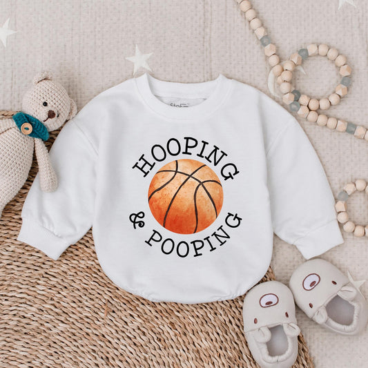 Funny Basketball Bubble Romper Hooping Pooping Baby Bodysuit Cotton Baby Shower Gift for Sports Fan Future Baller Gameday Outfit