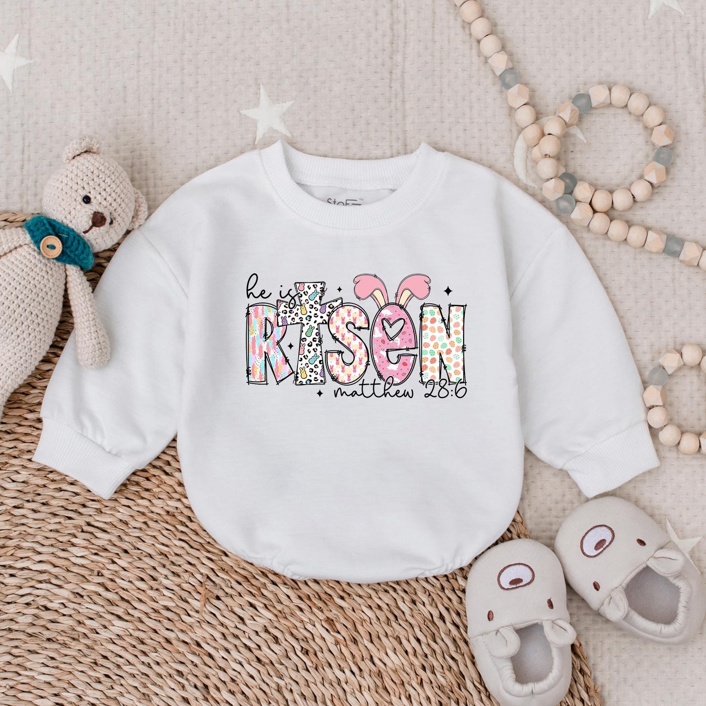 He is Risen Easter Baby Romper Sweater, Lamb Crown Design, 1st Easter Outfit, Christian Religious Baby Shower Gift, Boy Girl Clothes