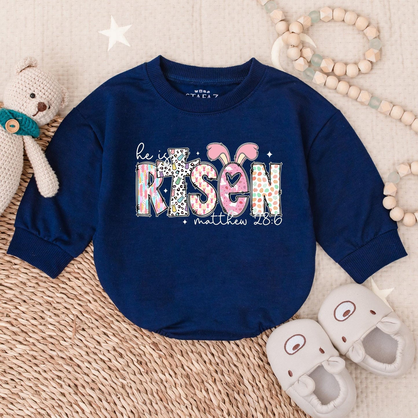 He is Risen Easter Baby Romper Sweater, Lamb Crown Design, 1st Easter Outfit, Christian Religious Baby Shower Gift, Boy Girl Clothes