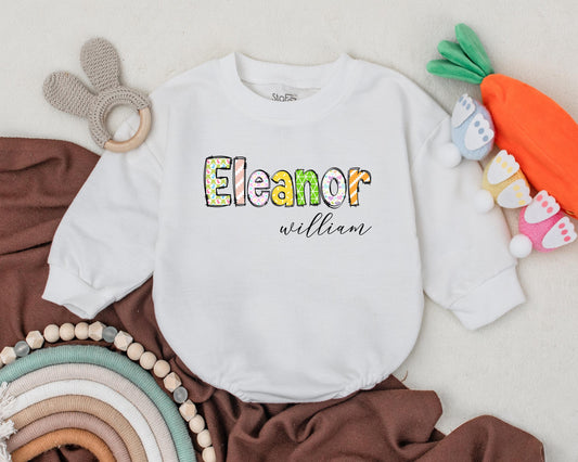 Custom Name First Easter Baby Romper - Adorable Bunny Design for Baby Boy or Girl - Personalized Spring Bodysuit - Baby Shower Gift (138 chars)