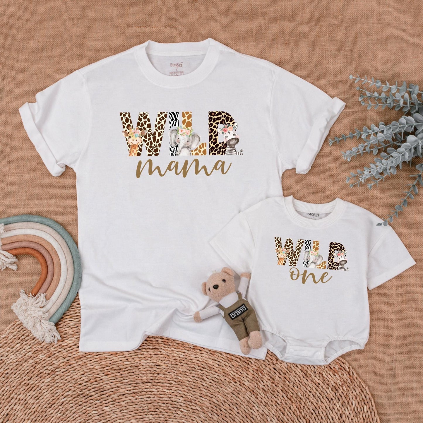 Wild Safari Animal Print Birthday Family Shirts Mommy Dada Sister One Matching Outfits Zoo Celebration Clothes Cute Giraffe Elephant Zebra Floral Headpiece