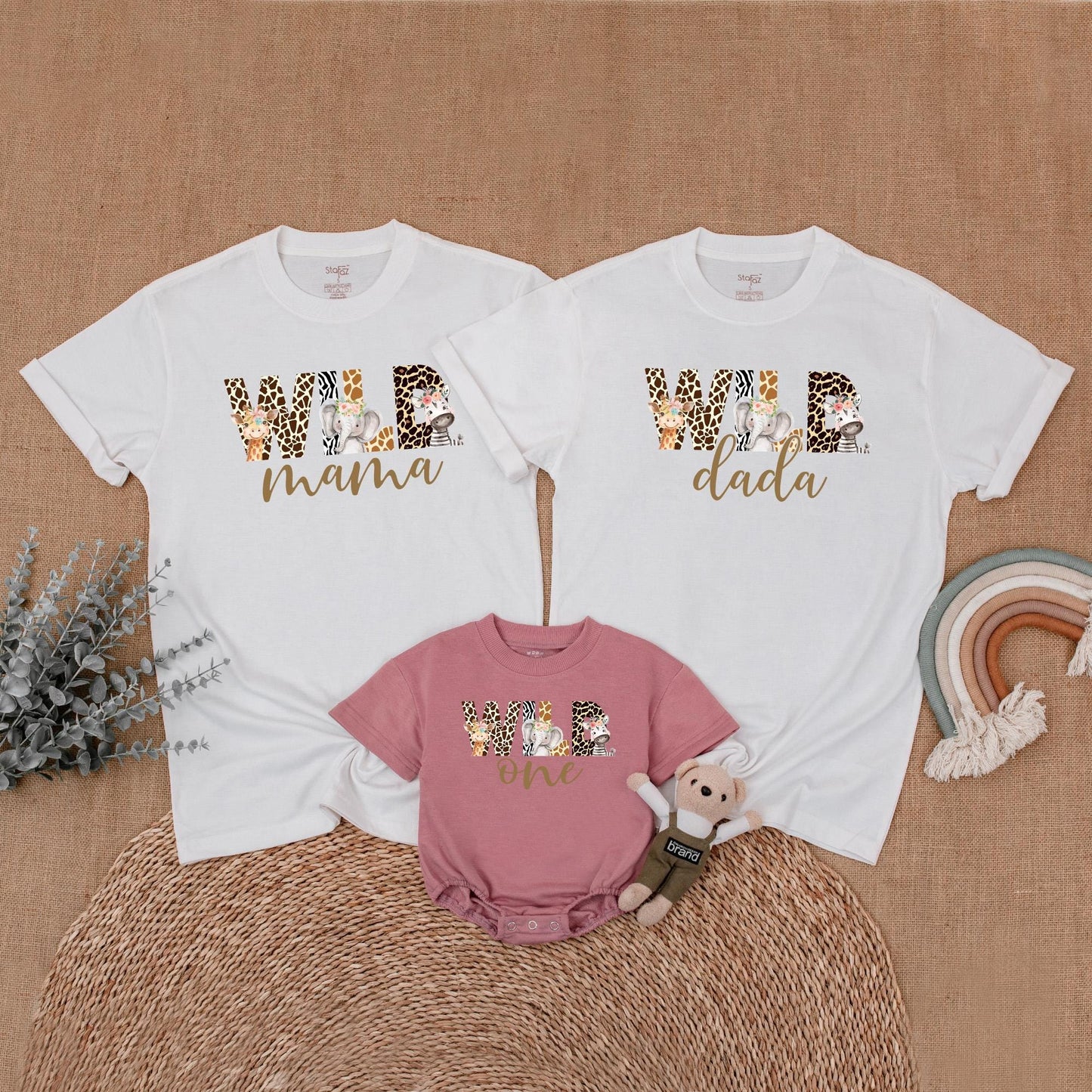 Wild Safari Animal Print Birthday Family Shirts Mommy Dada Sister One Matching Outfits Zoo Celebration Clothes Cute Giraffe Elephant Zebra Floral Headpiece