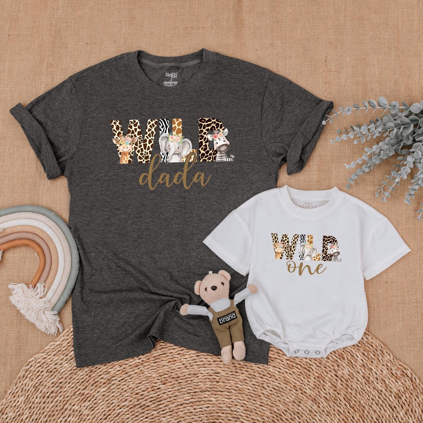 Wild Safari Animal Print Birthday Family Shirts Mommy Dada Sister One Matching Outfits Zoo Celebration Clothes Cute Giraffe Elephant Zebra Floral Headpiece