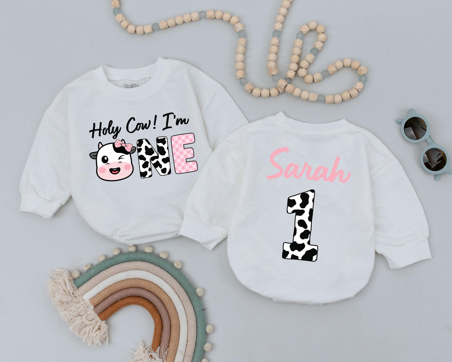 Holy Cow I'm One Romper Retro Western Baby Girl Outfit First Birthday Gift Custom Cowgirl Birthday Outfit