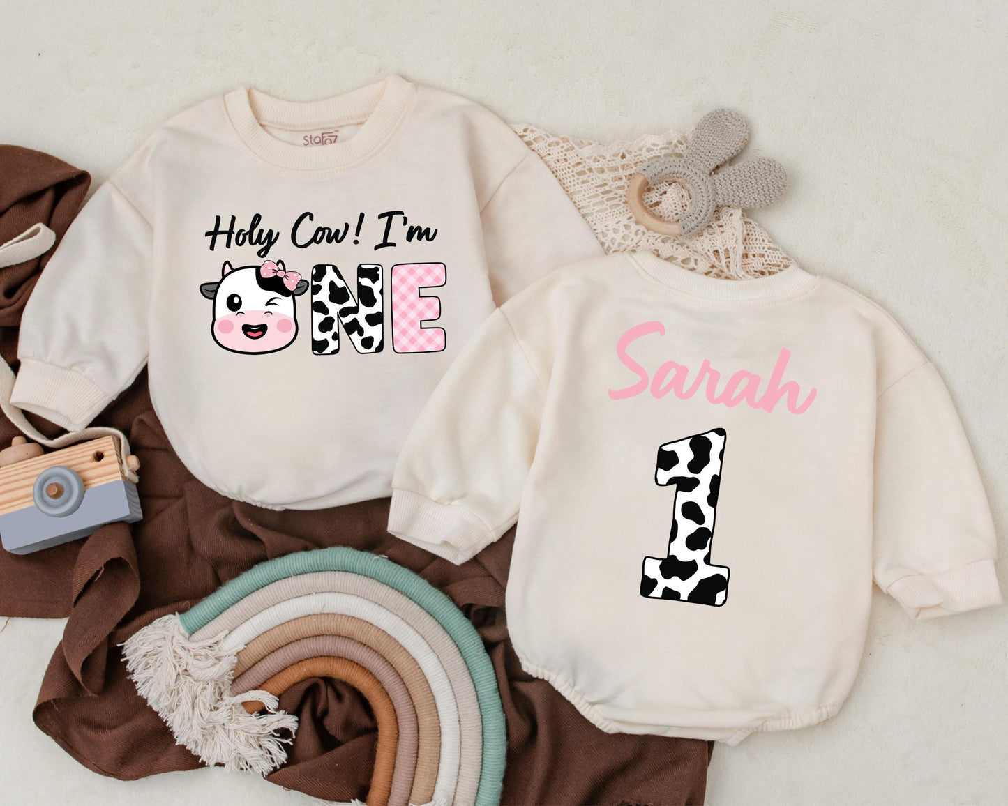 Holy Cow I'm One Romper Retro Western Baby Girl Outfit First Birthday Gift Custom Cowgirl Birthday Outfit