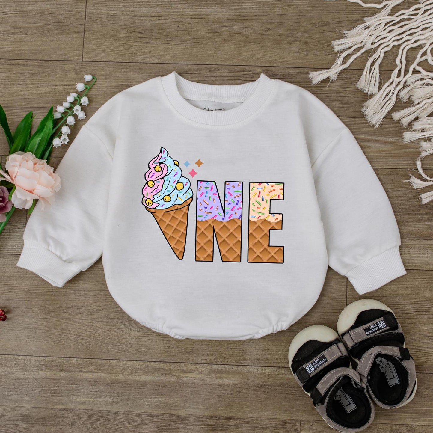 Sweet One Ice Cream Romper – Personalized 1st Birthday Baby Romper – Cute Ice Cream Birthday Outfit for Baby Girl – Perfect Baby Gift