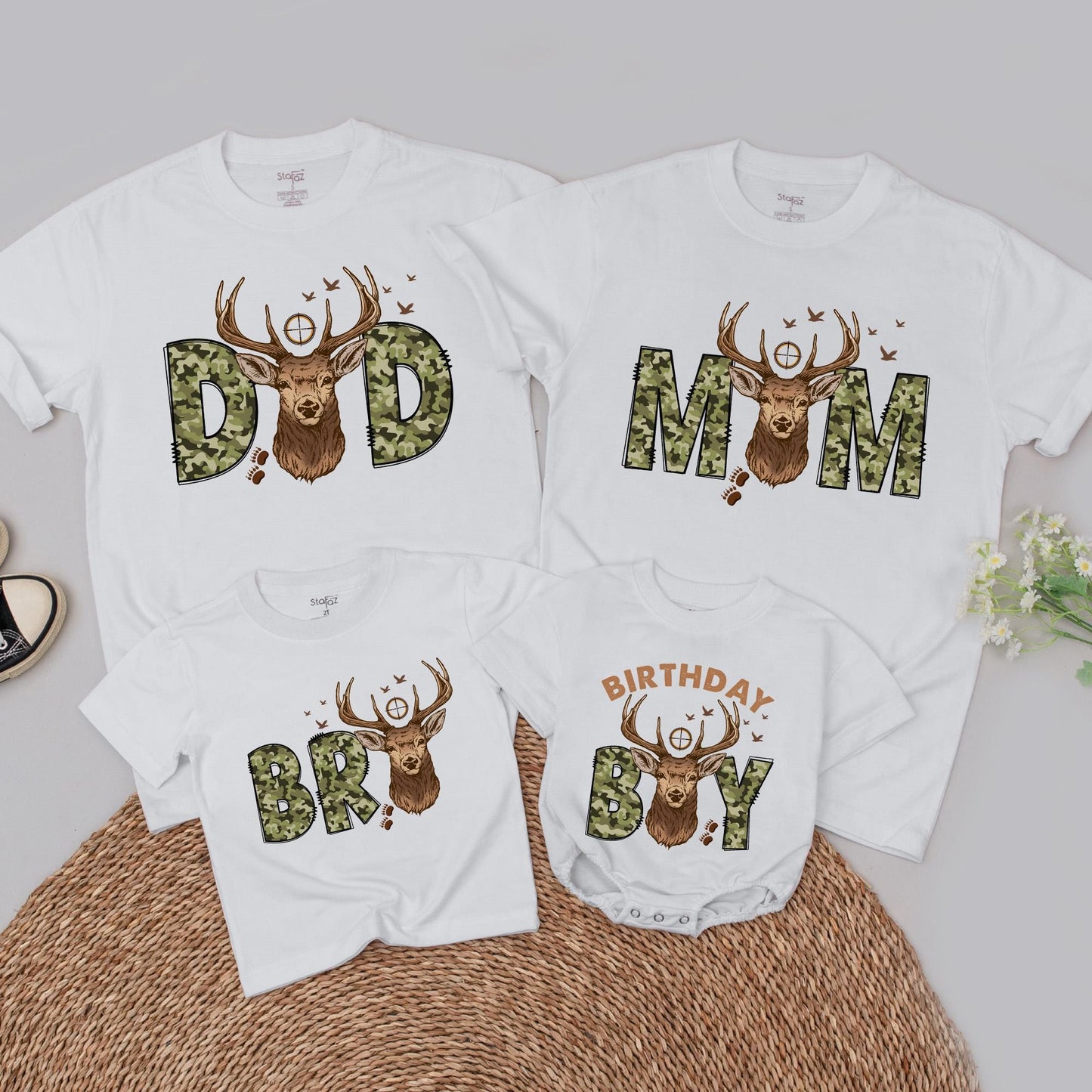 Personalized Deer Camo 1st Birthday Boy T-Shirt: Wild One Hunting Tee for Family Matching Outfits, Custom Name