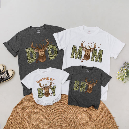 Personalized Deer Camo 1st Birthday Boy T-Shirt: Wild One Hunting Tee for Family Matching Outfits, Custom Name