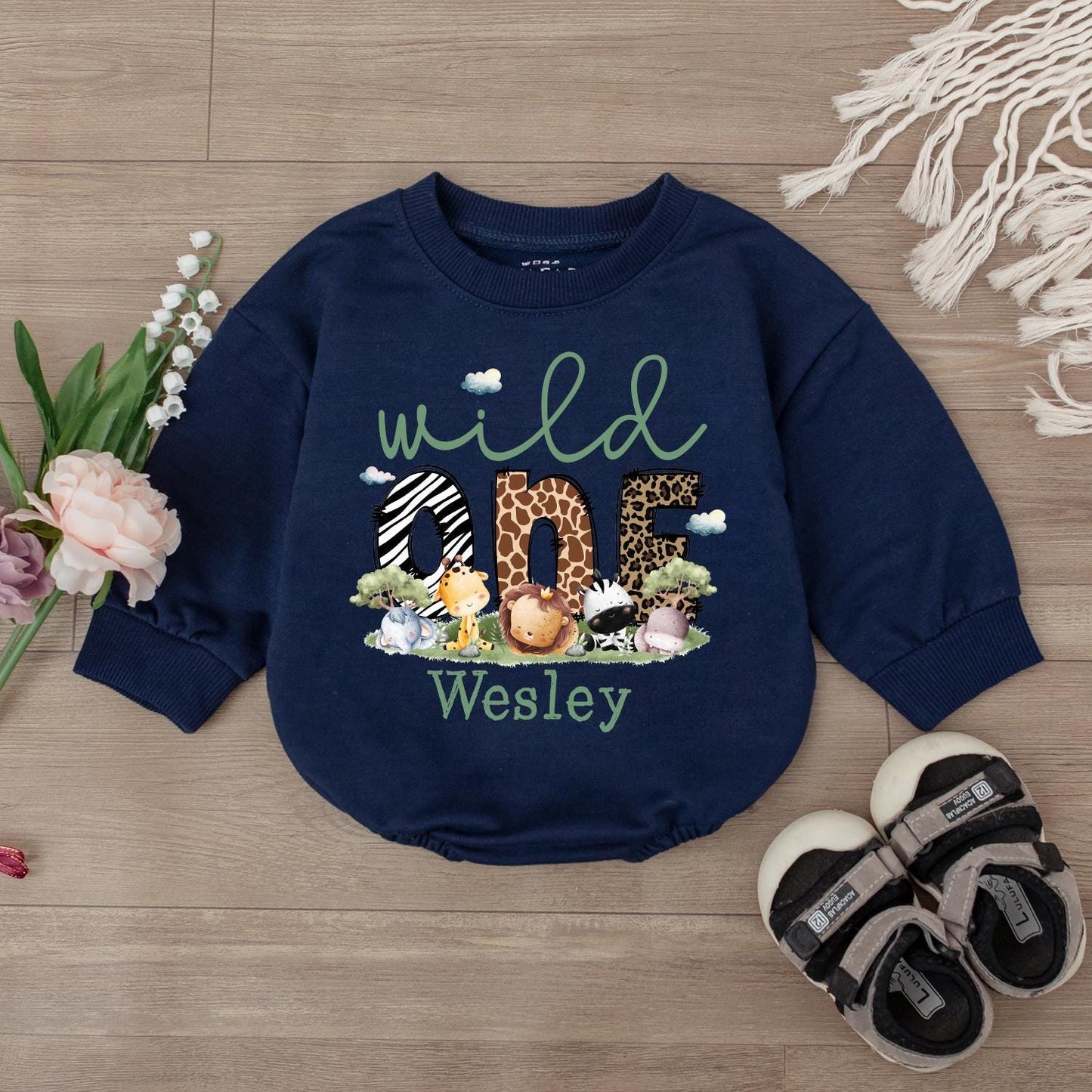 Personalized Wild One Safari Bubble Romper Adorable Baby Boys Clothes 1st Birthday Outfit Jungle Animal Theme Shower Gift