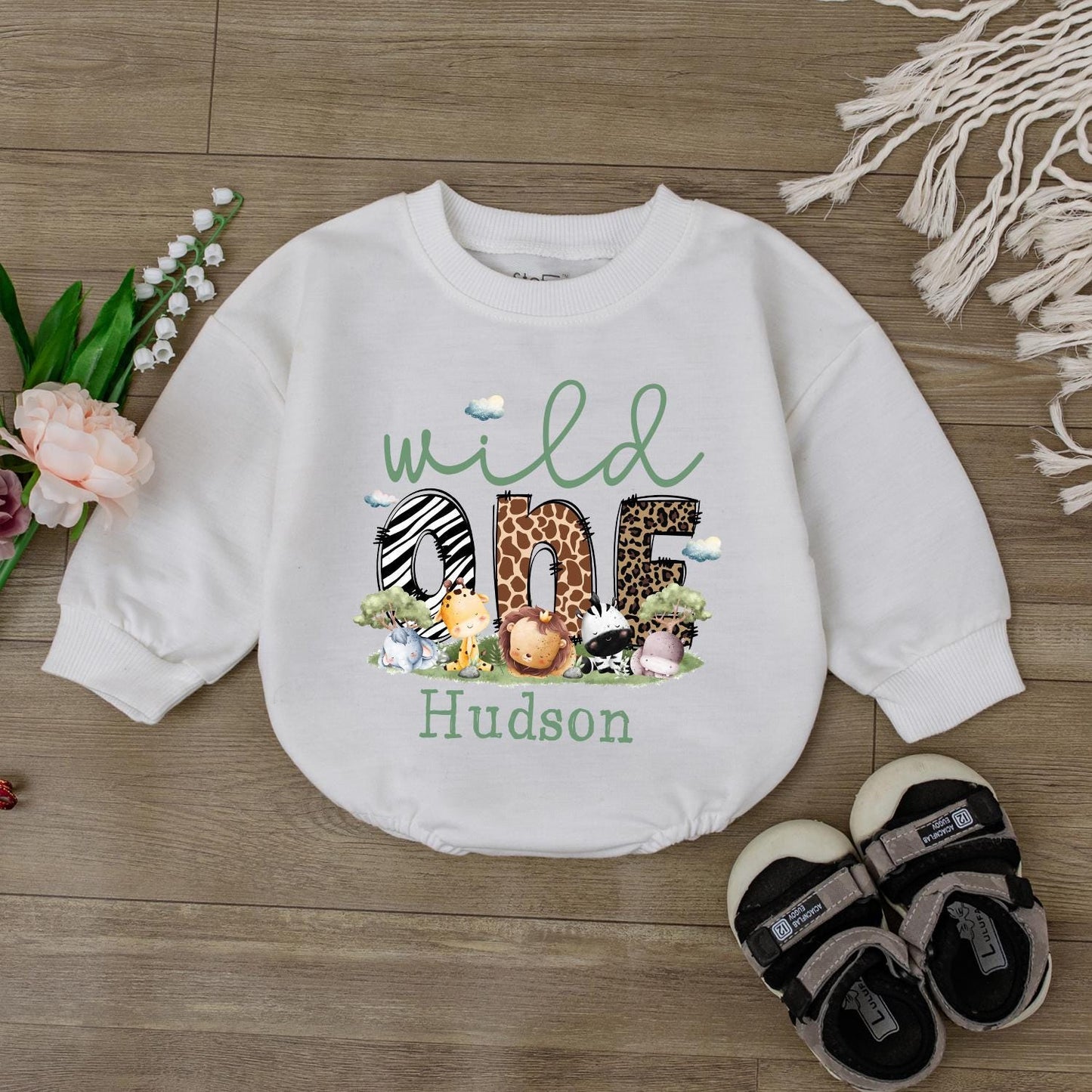 Personalized Wild One Safari Bubble Romper Adorable Baby Boys Clothes 1st Birthday Outfit Jungle Animal Theme Shower Gift
