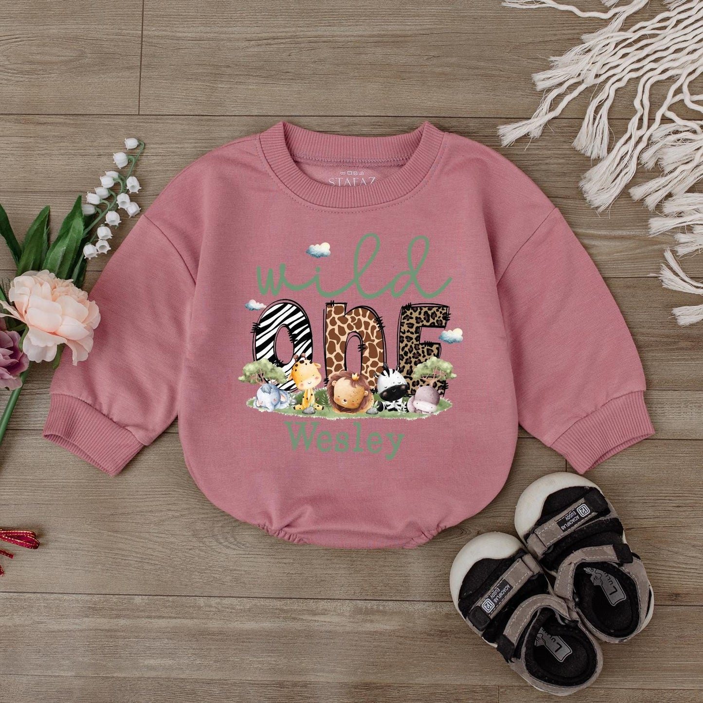 Personalized Wild One Safari Bubble Romper Adorable Baby Boys Clothes 1st Birthday Outfit Jungle Animal Theme Shower Gift
