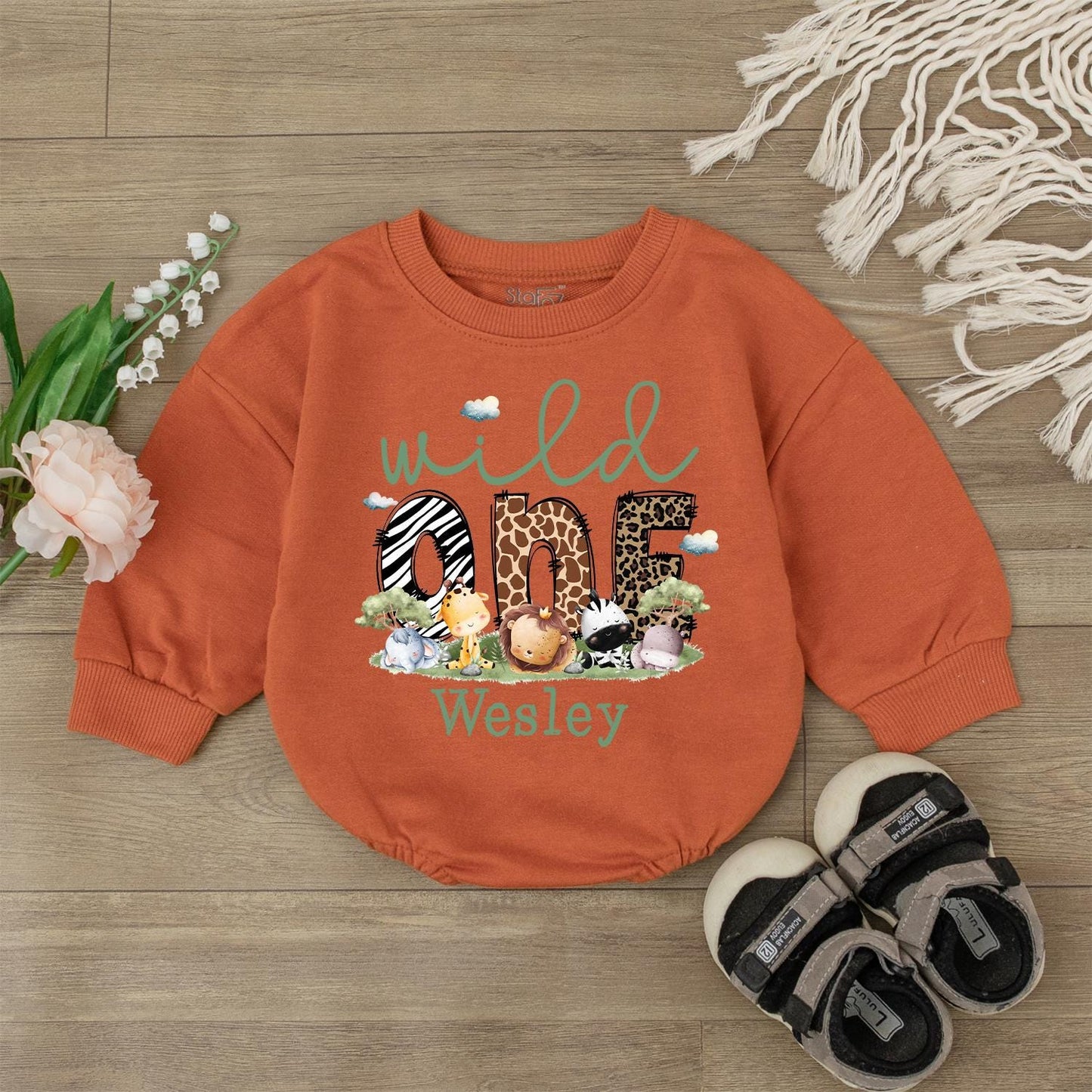 Personalized Wild One Safari Bubble Romper Adorable Baby Boys Clothes 1st Birthday Outfit Jungle Animal Theme Shower Gift