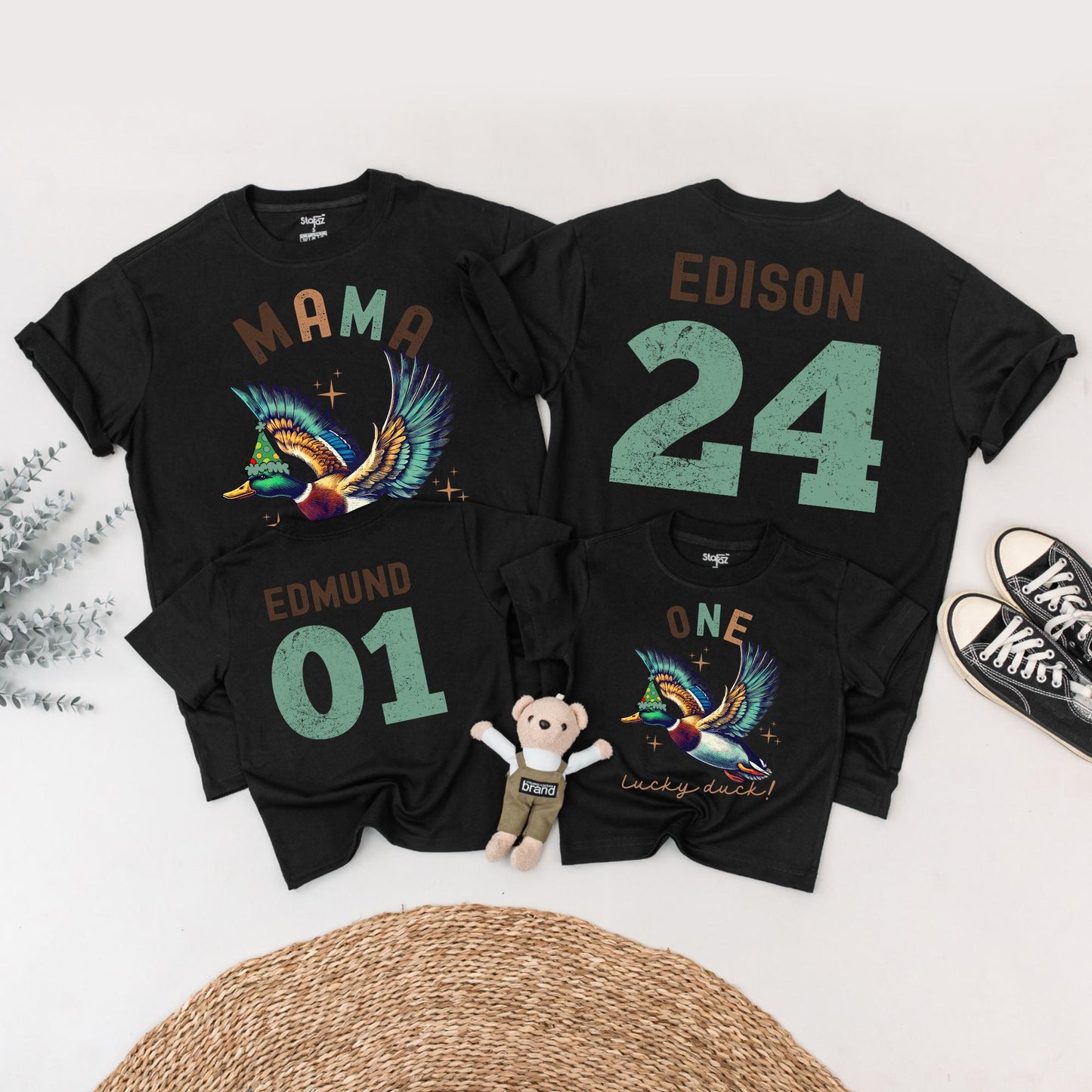 One Lucky Duck Birthday Matching Family Shirts, Vintage Duck 1st Birthday Party Outfits, Mallard Graphic Tees for Mama, Edison, and Edmund (139 chars)