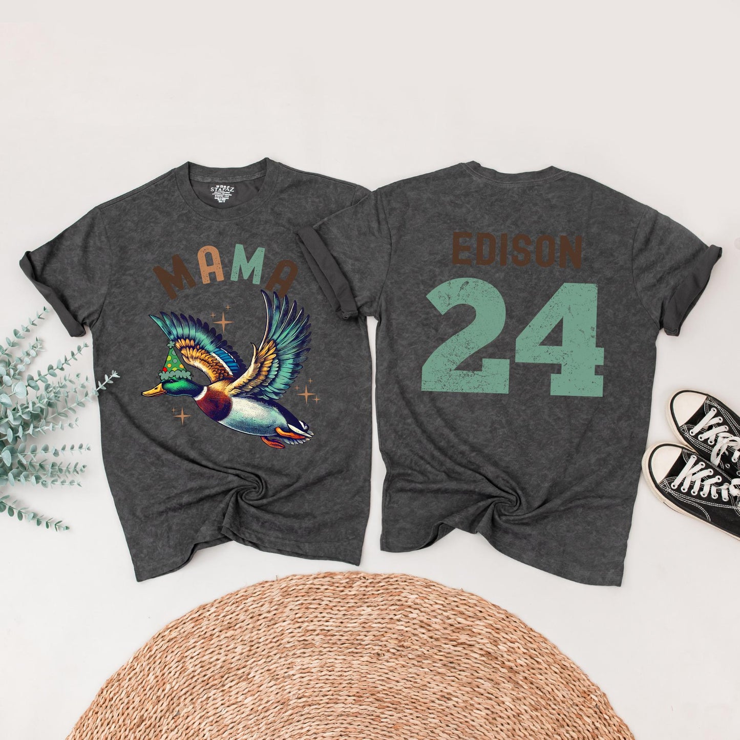 One Lucky Duck Birthday Matching Family Shirts, Vintage Duck 1st Birthday Party Outfits, Mallard Graphic Tees for Mama, Edison, and Edmund (139 chars)