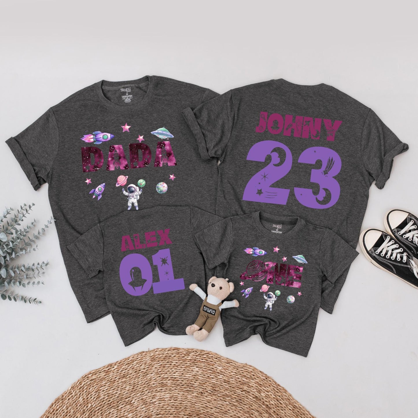 Personalized Space Birthday Family Matching T-Shirt, First Trip Around the Sun, Boy's 1st Birthday, Rocket & Planets, Custom Names Ages, Astronaut Tee