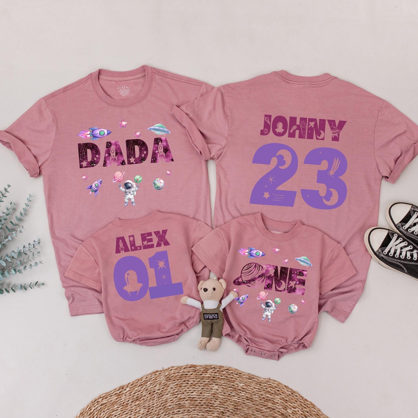 Personalized Space Birthday Family Matching T-Shirt, First Trip Around the Sun, Boy's 1st Birthday, Rocket & Planets, Custom Names Ages, Astronaut Tee
