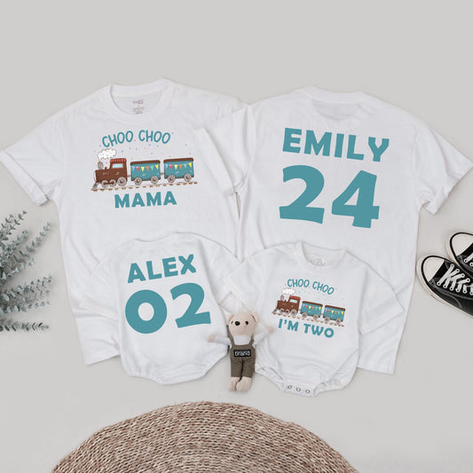 Choo Choo Two! Personalized Train Birthday Shirt for Two-Year-Olds, Playful Teal & Brown Engine Tee, Family Matching Party Outfit 2nd Bday