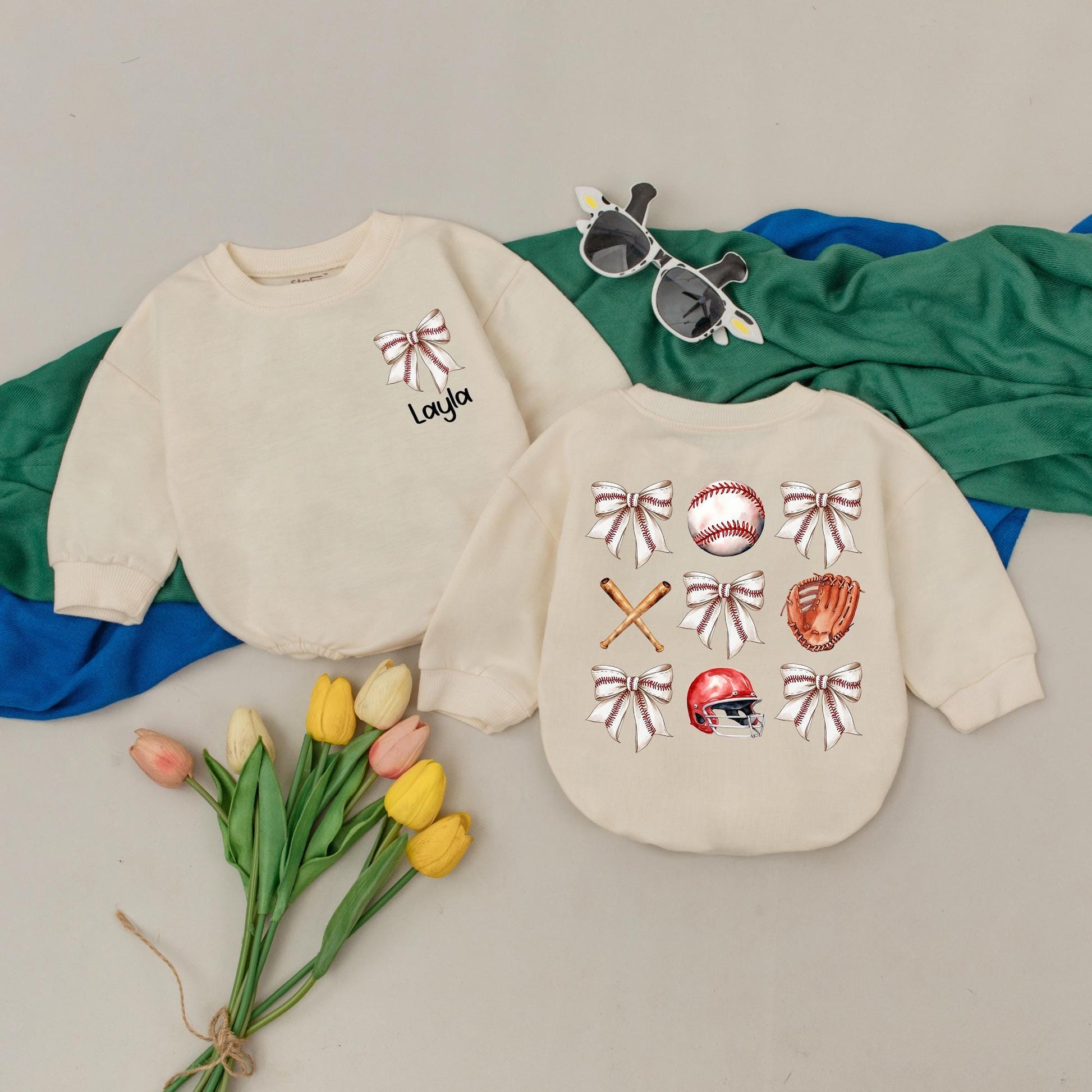 Personalized Baby Girl Retro Baseball Bubble Romper with Bow, a Natural Bubble Romper comfy for Game Day Season, Birthday, or Kid Gift